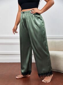 大碼前蝴蝶結睫毛蕾絲邊緞面睡褲 - 軍綠色 - 查看 1