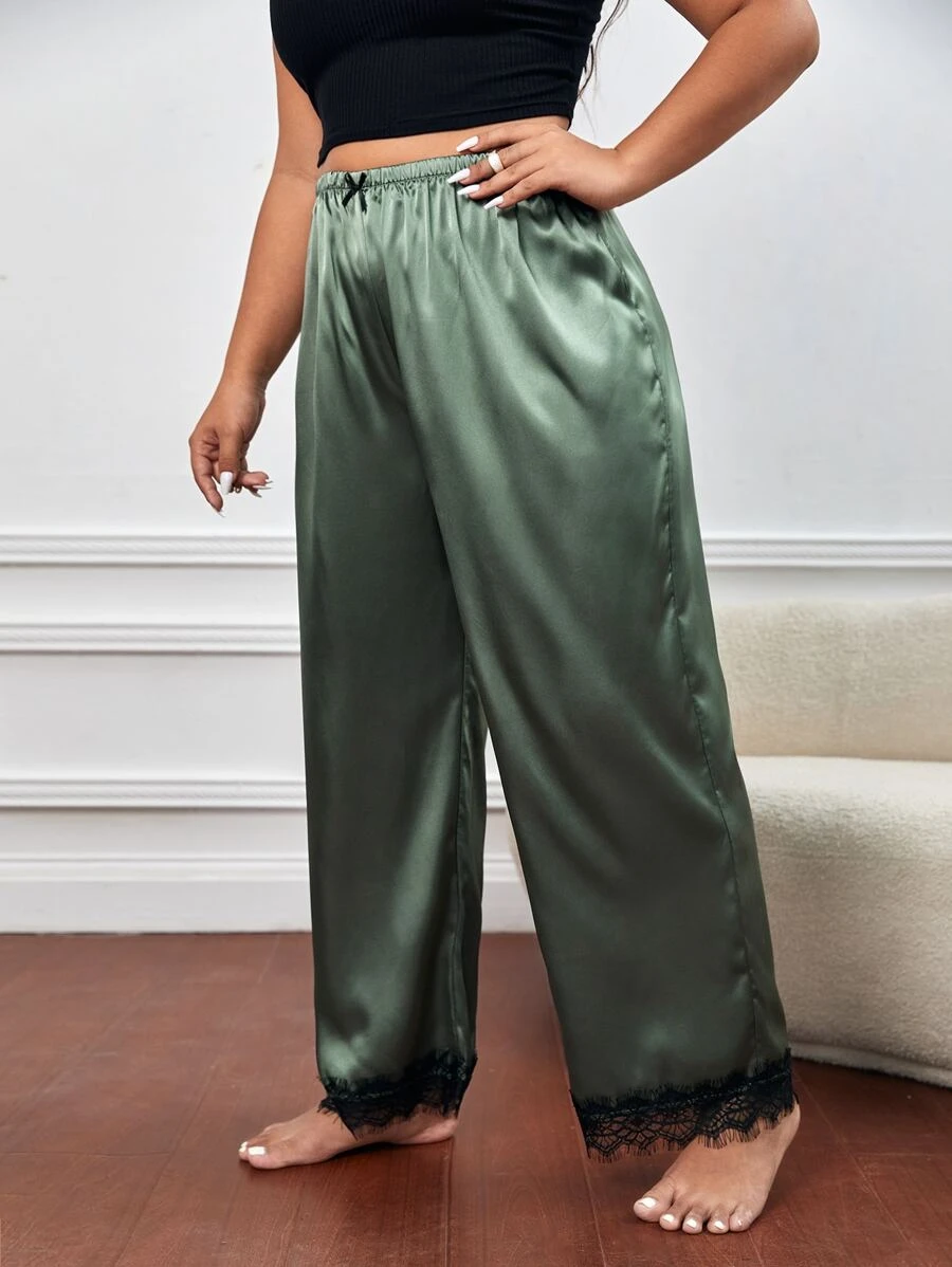大碼前蝴蝶結睫毛蕾絲邊緞面睡褲 - 軍綠色 - 查看 1