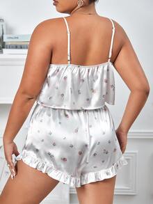 Plus Floral Print Contrast Lace Ruffle Hem Satin PJ Set - White - View 2