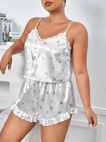 Plus Floral Print Contrast Lace Ruffle Hem Satin PJ Set - White - View 4