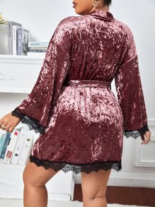 Plus 3pcs Contrast Lace Belted Velvet Robe Set - Multicolor - View 2