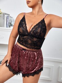 Plus 3pcs Contrast Lace Belted Velvet Robe Set - Multicolor - View 3