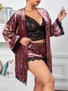 Plus 3pcs Contrast Lace Belted Velvet Robe Set - Multicolor - View 1