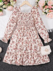Girls Ditsy Floral Shirred Bodice Flounce Sleeve Ruffle Hem Dress - Multicolor - View 1