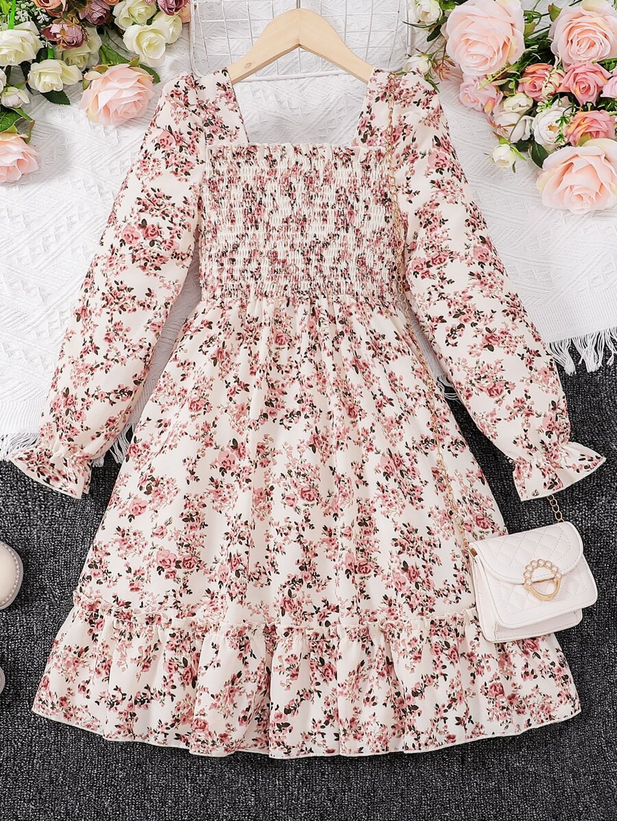 Girls Ditsy Floral Shirred Bodice Flounce Sleeve Ruffle Hem Dress - Multicolor - View 1