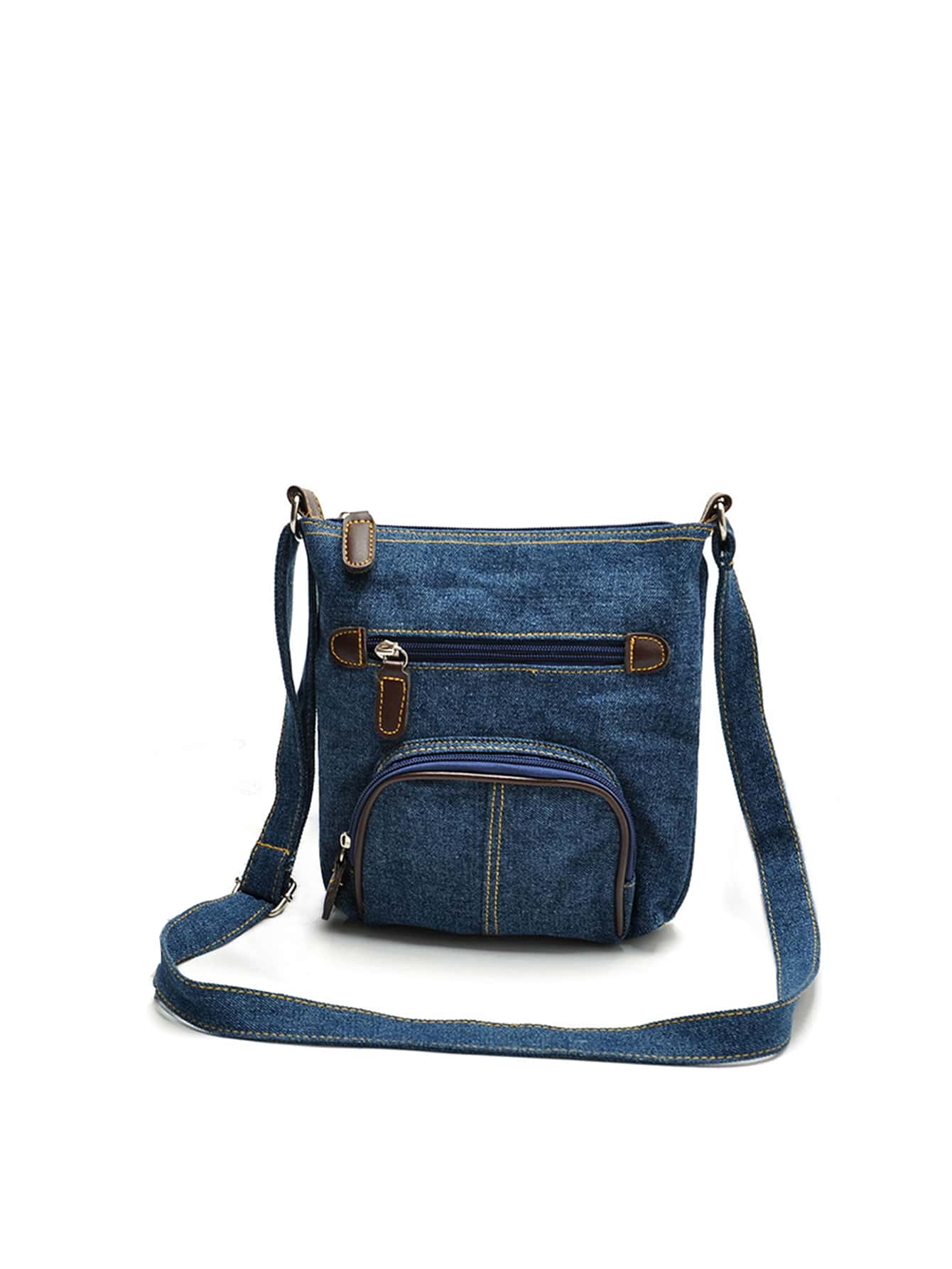 Túi đeo vai Mini Denim màu trơn, Túi đeo vai cổ điển mới của Châu Âu và Mỹ, Túi đeo chéo một bên vai bằng vải denim có túi phía trước dành cho nữ - Rửa tối - Xem 1