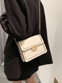 輕便商務休閒簡約鎖扣翻蓋斜背包帶鏈條肩帶適合青少年女孩女大學生、菜鳥和白領非常適合辦公室、大學、工作、商務、通勤、戶外、旅行、郊遊 - 米色 - 查看 1