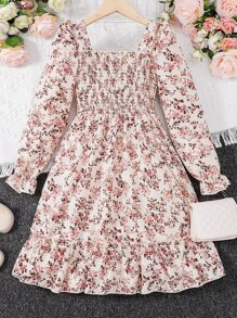Girls Ditsy Floral Shirred Bodice Flounce Sleeve Ruffle Hem Dress - Multicolor - View 2