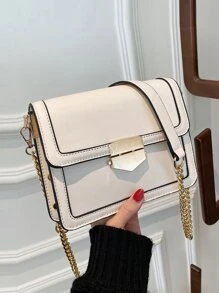 輕便商務休閒簡約鎖扣翻蓋斜背包帶鏈條肩帶適合青少年女孩女大學生、菜鳥和白領非常適合辦公室、大學、工作、商務、通勤、戶外、旅行、郊遊 - 米色 - 查看 2
