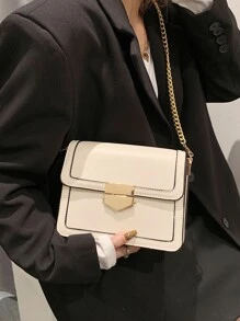 輕便商務休閒簡約鎖扣翻蓋斜背包帶鏈條肩帶適合青少年女孩女大學生、菜鳥和白領非常適合辦公室、大學、工作、商務、通勤、戶外、旅行、郊遊 - 米色 - 查看 4