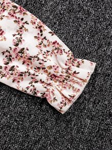 Girls Ditsy Floral Shirred Bodice Flounce Sleeve Ruffle Hem Dress - Multicolor - View 5