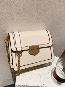 輕便商務休閒簡約鎖扣翻蓋斜背包帶鏈條肩帶適合青少年女孩女大學生、菜鳥和白領非常適合辦公室、大學、工作、商務、通勤、戶外、旅行、郊遊 - 米色 - 查看 6