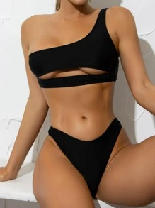 SHEIN Swim Summer Beach Solid Bikini Set Cut-Out One Shoulder Top & High Cut Bottom 2 Piece Bathing Suit - Black - View 1