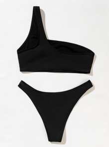 SHEIN Swim Summer Beach Solid Bikini Set Cut-Out One Shoulder Top & High Cut Bottom 2 Piece Bathing Suit - Black - View 2