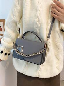 Zebra Striped Print T-Shirt Crew Neck Short Sleeve T-Shirt Every Day Tops Women's Clothing Mini Metal & Chain Decor Flap Square Bag, Business Casual Women Bag, Perfect For Office, Business And Work - Grey - View 3