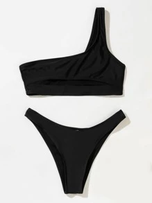 SHEIN Swim Summer Beach Solid Bikini Set Cut-Out One Shoulder Top & High Cut Bottom 2 Piece Bathing Suit - Black - View 5