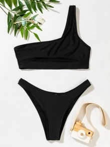 SHEIN Swim Summer Beach Solid Bikini Set Cut-Out One Shoulder Top & High Cut Bottom 2 Piece Bathing Suit - Black - View 6
