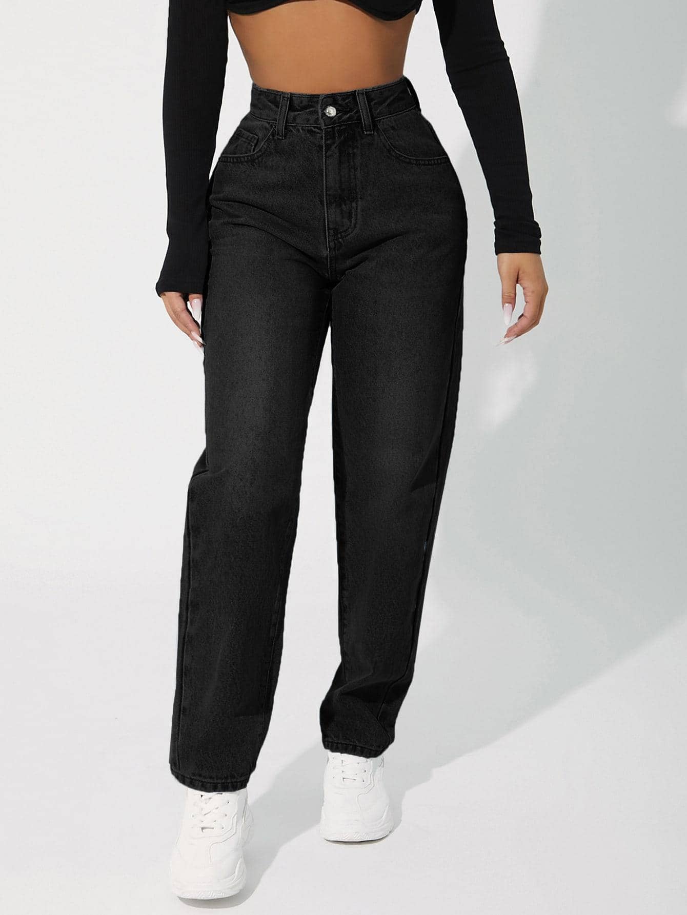 SHEIN PETITE Quần jean nữ Nút Túi Dây kéo màu trơn - màu đen - Xem 1