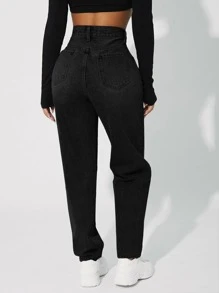 SHEIN PETITE Quần jean nữ Nút Túi Dây kéo màu trơn - màu đen - Xem 4