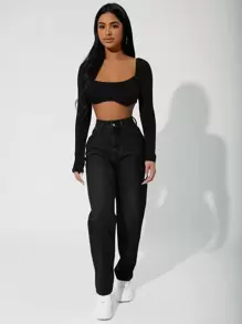 Jeans droits décontractés pour femmes avec poches. Tenue de Thanksgiving, tenue de Noël pour femmes avec doublure thermique