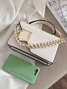 大容量、轻便、便携、时尚金属装饰方形手提包、迷你链条翻盖钱包、女士人造皮革斜挎包（7.9 X 5.1 X 3.1）英寸迷你金属和链条装饰翻盖方形包，适合女孩、女士、大学生、新秀和白领，适合秋冬必备，通勤、大学、秋冬、户外、女士包、商务休闲女包，非常适合办公室、商务和工作 - 米色 - 查看 7