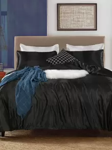 3pcs Satin Duvet Cover Set, Imitation Bedding Set, Solid Color Quilt Cover Set (1pc Duvet Cover And 2pcs Pillowcases) - Black - View 5
