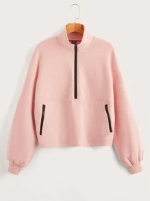 SHEIN Drop Shoulder Zip Half Placket Sweatshirt - Coral Pink - View 1