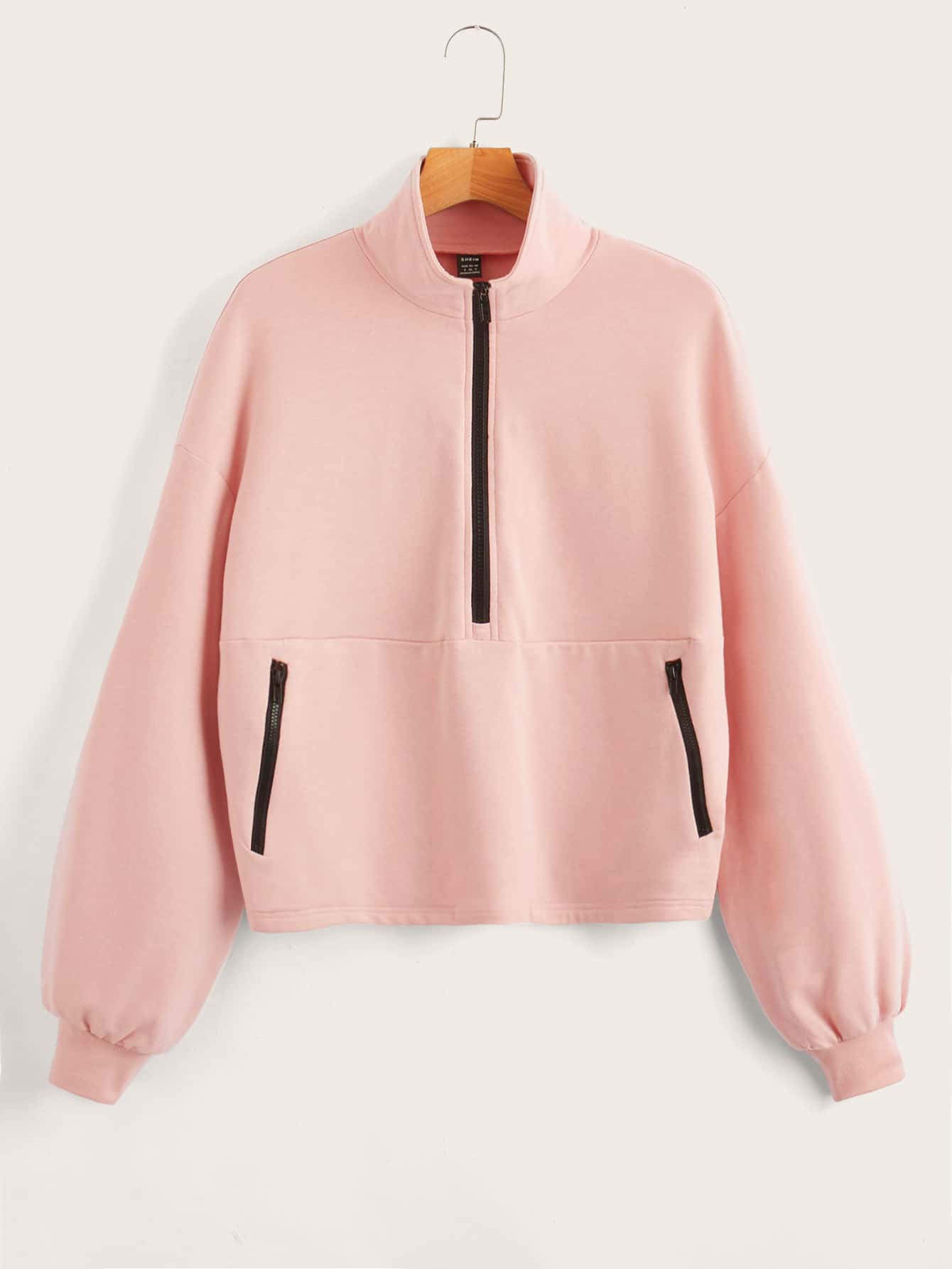 SHEIN Drop Shoulder Zip Half Placket Sweatshirt - Coral Pink - View 1