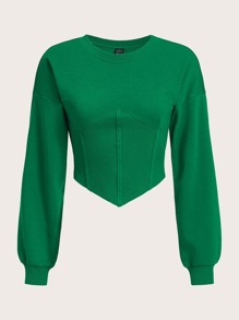 Muchica Solid Drop Shoulder Hanky Hem Crop Sweatshirt - Green - View 1