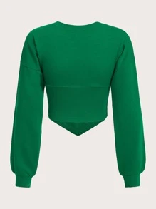 Muchica Solid Drop Shoulder Hanky Hem Crop Sweatshirt - Green - View 2
