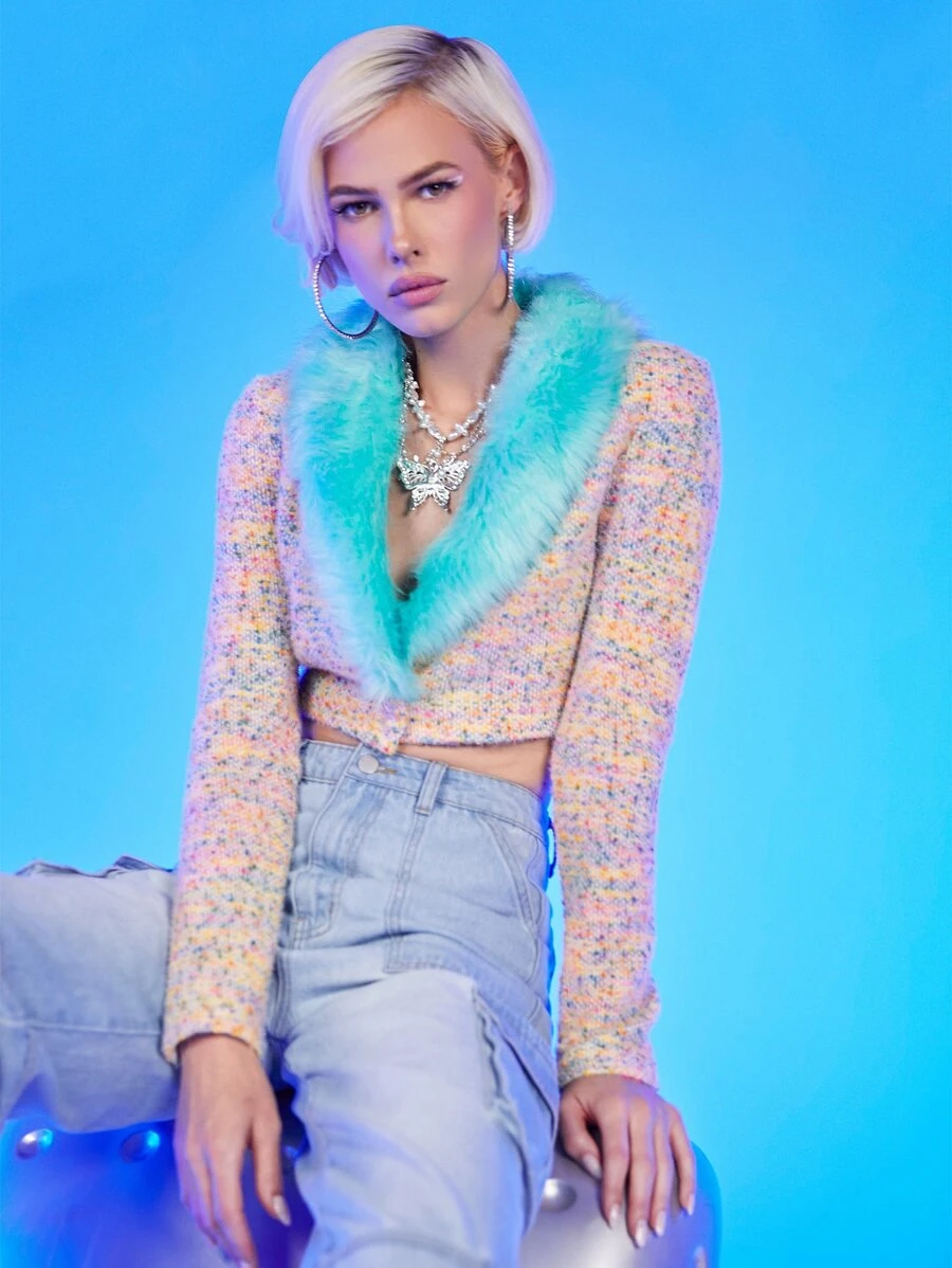 SHEIN ICON Fuzzy Trim Crop Tweed Overcoat - Multicolor - View 1