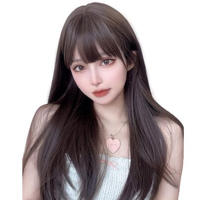 alicegarden 24英寸长直发合成假发，自然棕色。带刘海设计，采用耐热纤维制成，经久耐用。这款假发非常适合日常佩戴、派对、角色扮演和聚会，呈现自然逼真的外观。
