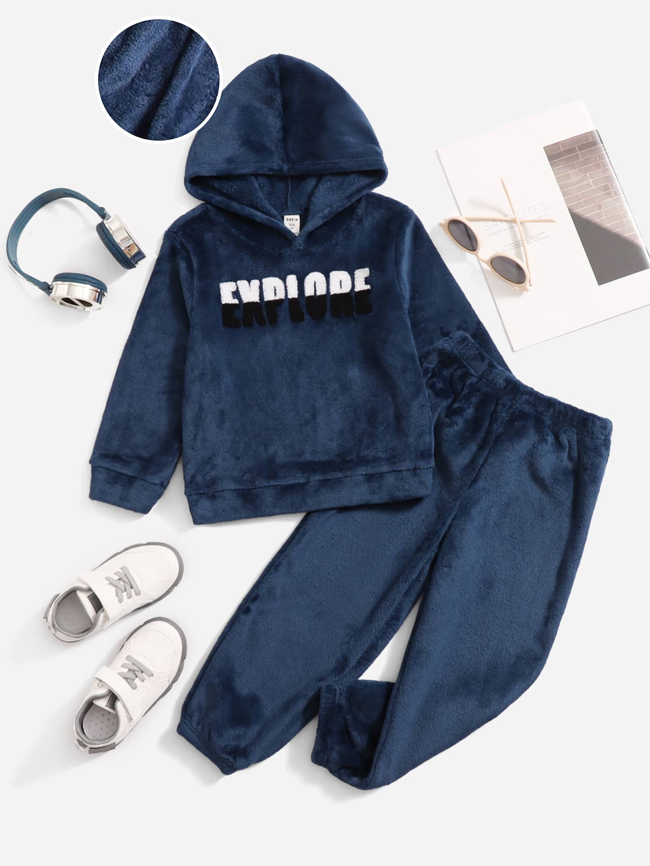 SHEIN 青少年男孩字母圖案法蘭絨連帽衫與長褲