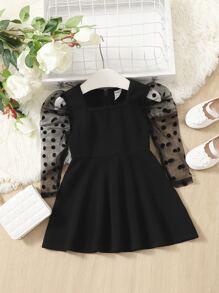 SHEIN Leap Crew Đứa bé gái Lưới Dobby tương phản Ống tay áo Đầm - màu đen - Xem 1