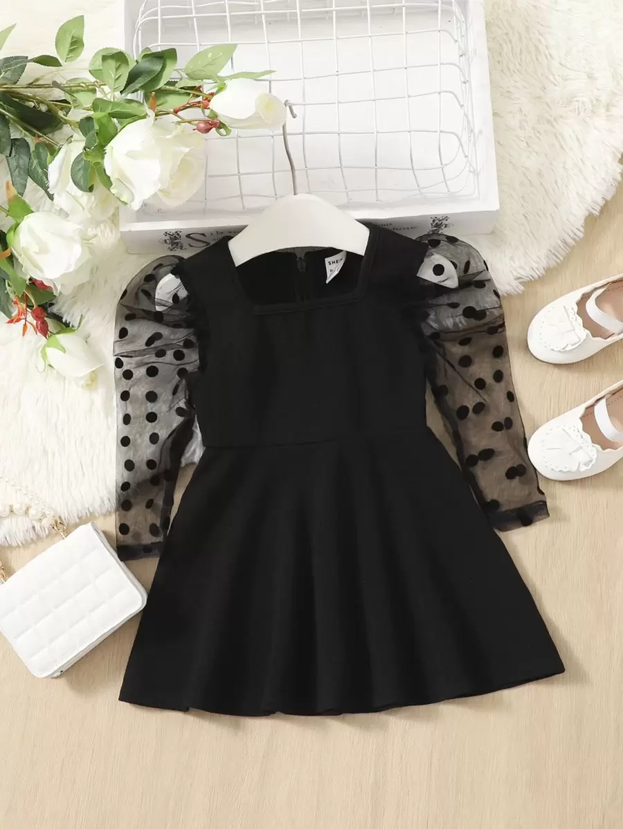 SHEIN Leap Crew Đứa bé gái Lưới Dobby tương phản Ống tay áo Đầm - màu đen - Xem 1