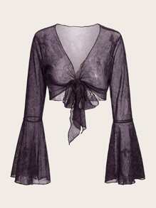 ROMWE Hippie Floral Print Flounce Sleeve Mesh Top - Purple - View 1