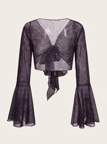 ROMWE Hippie Floral Print Flounce Sleeve Mesh Top - Purple - View 2