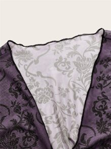 ROMWE Hippie Floral Print Flounce Sleeve Mesh Top - Purple - View 3