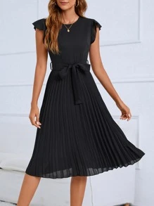 SHEIN Clasi Pleated Belted Dress - Black - View 1