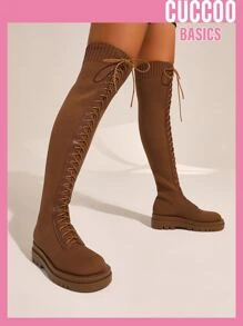 Minimalist Lace-up Front Boots - Brown - View 1