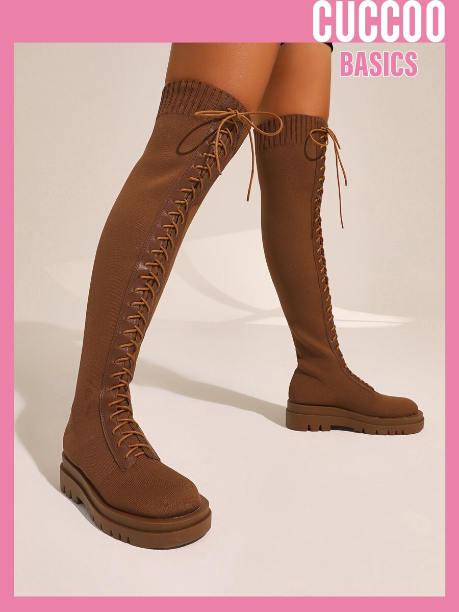 Minimalist Lace-up Front Boots - Brown - View 1