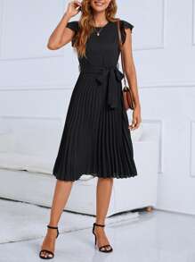 SHEIN Clasi Pleated Belted Dress - Black - View 4