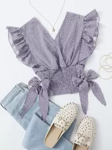 Breezaya Ruffle Armhole Shirred Hem Polka-dot Top - Purple - View 1