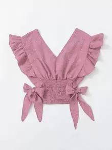 Breezaya Ruffle Armhole Shirred Hem Polka-dot Top - Dusty Pink - View 2