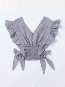 Breezaya Ruffle Armhole Shirred Hem Polka-dot Top - Purple - View 2