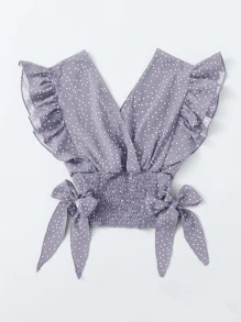 Breezaya Ruffle Armhole Shirred Hem Polka-dot Top - Purple - View 5