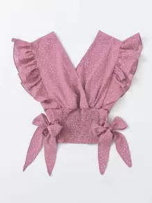 Breezaya Ruffle Armhole Shirred Hem Polka-dot Top - Dusty Pink - View 5