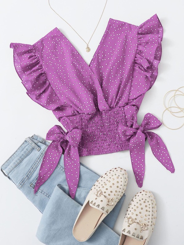 Breezaya Ruffle Trim Shirred Knotted Polka-dot Top