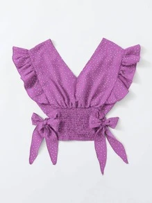 Breezaya 荷葉邊打褶結飾圓點上衣 - 紫色 - 查看 2