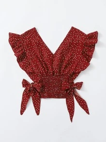 Trelyra 荷葉邊打褶結飾圓點上衣 - 酒紅色 - 查看 2